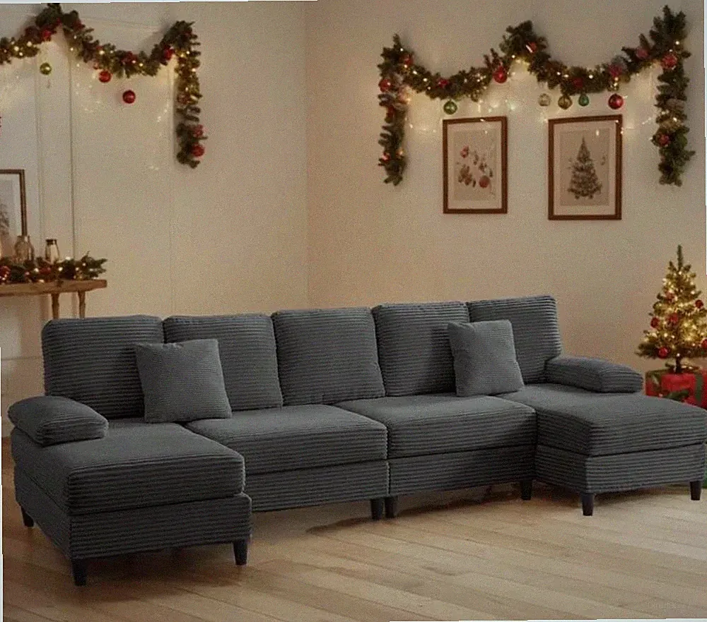 Grey Corduroy U-Shaped Sectional Sofa