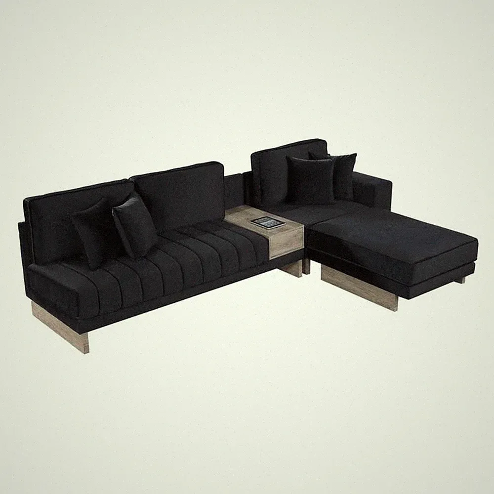 Memphis 122.5"W Black Velvet Rev. Sectional Sofa Ottoman Storage Charging Outlet
