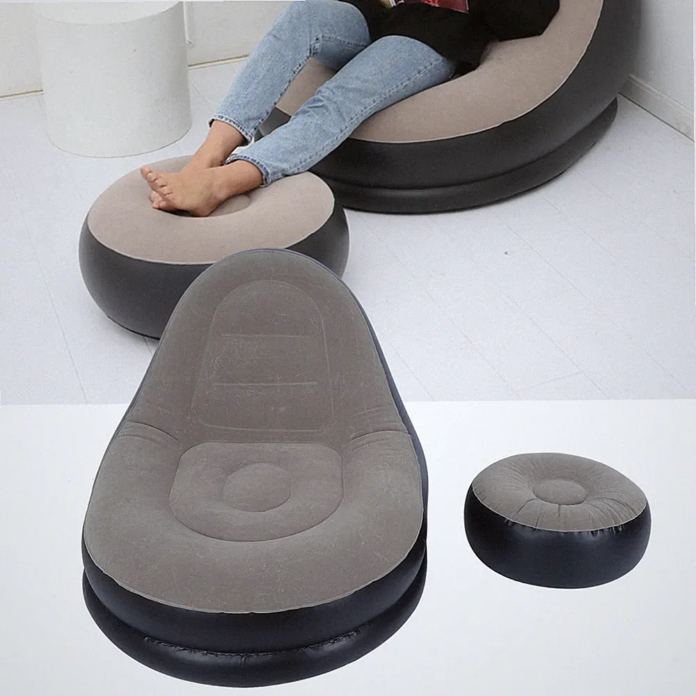 New Listing Modern Inflatable Recliner Sofa Chair w/ Footstool Folding Lounge Garden Home
