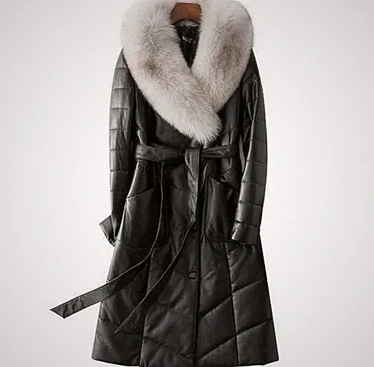 Real Leather Down Coat Collar Women's Thicken Warm Mid Length Oversize